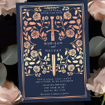 Invitation Rose médiéval bleu  Gold Mariage<br><div class="desc">Entrez dans un conte de romance et de légende ! Ces invitations à un mariage d'imaginaire médiéval présentent une épée royale entrecoupée de fleurs d'or roses sur fond bleu profond. Elles sont parfaites pour les couples à la recherche d'une touche enchanteresse et intemporelle pour leur journée spéciale. Notez que l'or...</div>