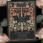 Invitation Rose médiéval noir Mariage d'épée d'or<br><div class="desc">Entrez dans un conte de romance et de légende ! Ces invitations à un mariage d'imaginaire médiéval comportent une épée royale entrecoupée de fleurs d'or roses sur fond noir. Elles sont parfaites pour les couples à la recherche d'une touche enchanteresse et intemporelle pour leur journée spéciale. Notez que l'or rose...</div>