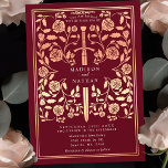 Invitation Rose médiéval rouge  or Mariage<br><div class="desc">Entrez dans un conte de romance et de légende ! Ces invitations à un mariage d'imaginaire médiéval sont accompagnées d'une épée royale entrecoupée de fleurs d'or roses sur un fond rouge riche. Elles sont parfaites pour les couples à la recherche d'une touche enchanteresse et intemporelle pour leur journée spéciale. Notez...</div>