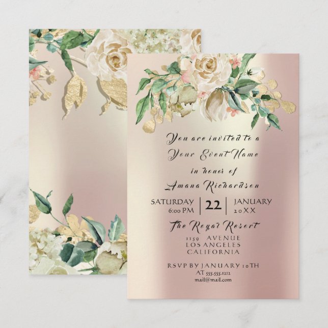 Invitation Rose Menthe Champagne Or Floral Aquarelle Perle (Devant / Derrière)