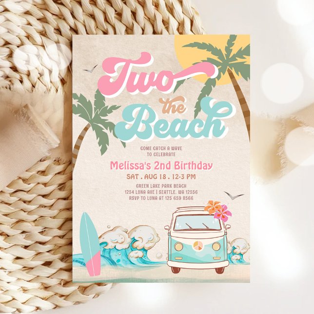 Invitation Rose Menthe Deux à la Plage Surf 2ème Anniversaire (Créateur téléchargé)