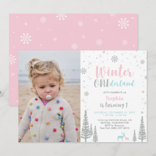 Invitation Rose & Menthe   Hiver Onederland Fille 1er Anniver