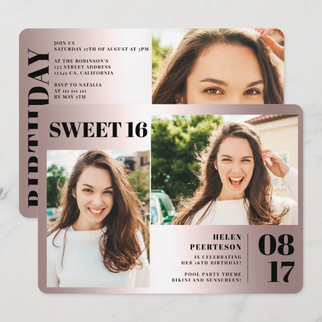 Invitation Rose métallique bold 3 photos Sweet 16 anniversair (Devant / Derrière)