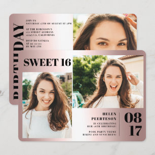 Invitation Rose métallique bold 3 photos Sweet 16 anniversair