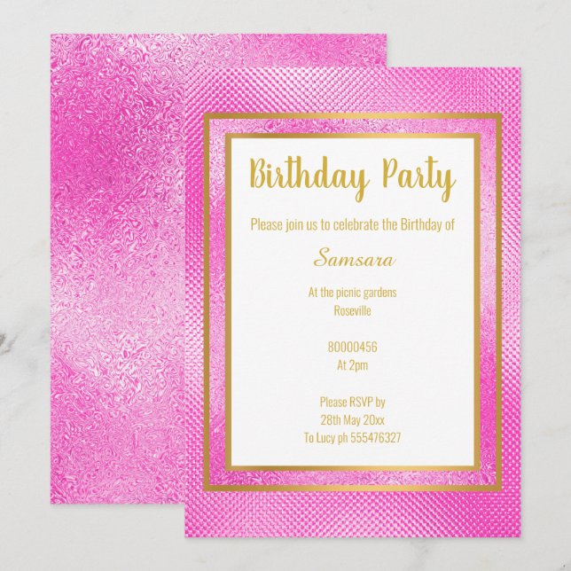 INVITATION ROSE MÉTALLIQUE & OR LAYÉ EMBOSSÉ ANNIVERSAIRE (Devant / Derrière)