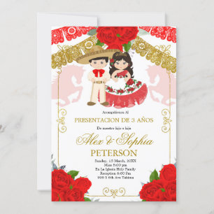 Invitation Rose mexicain rouge et or Twin Los Tres Anos