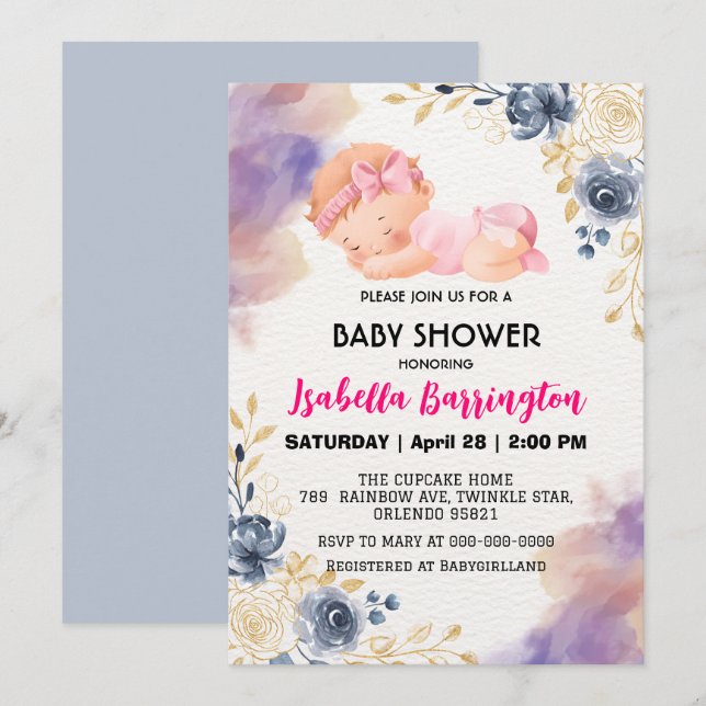 Invitation Rose mignonne bébé fille Rose fleurs baby shower e (Devant / Derrière)