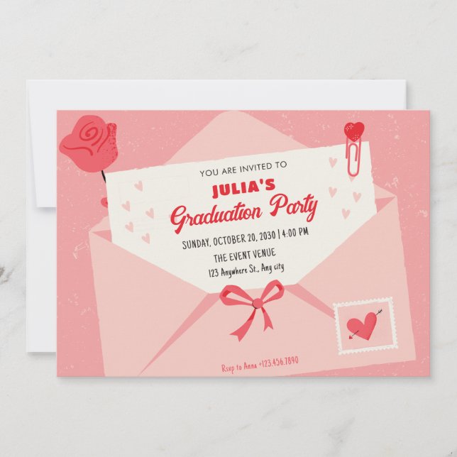 Invitation Rose mignonne belle lettre graduation (Devant)