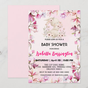 Invitation Rose mignonne joli lapin fleurs baby shower enfant