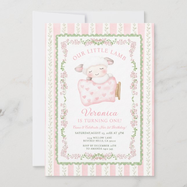 Invitation Rose Mignonne Petite Agneau Première Fête d'Annive (Devant)