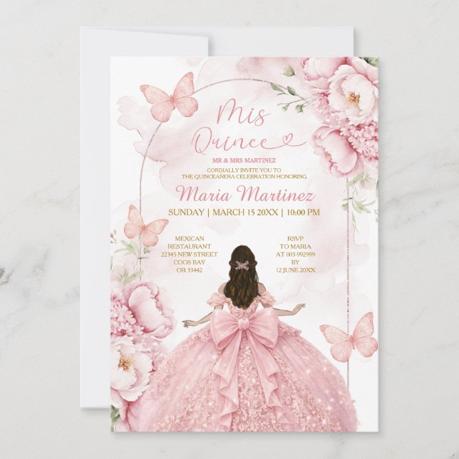 Invitation Rose Mis Quince avec Fille Princesse (Devant)
