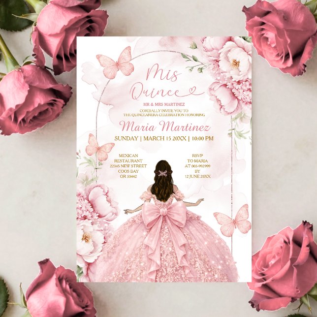 Invitation Rose Mis Quince avec Fille Princesse (Créateur téléchargé)