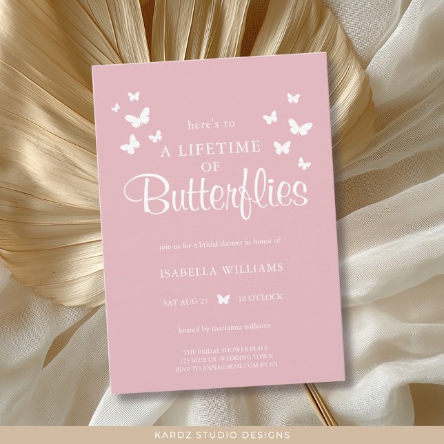 Invitation Rose Moderne À une vie de papillons (Invite shown in 5 x 7 inches, choose size, paper and corner style. Buy print or digital invitations.)