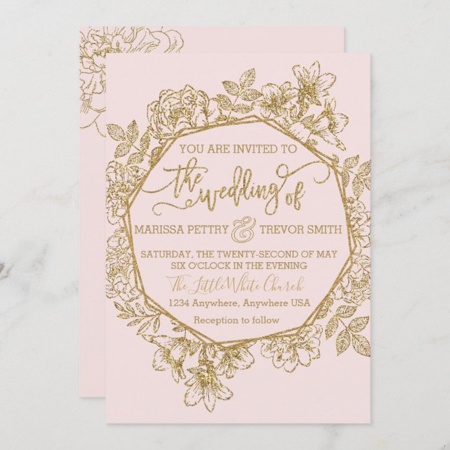 Invitation Rose moderne Dusty & Mariage floral rose or (Devant / Derrière)