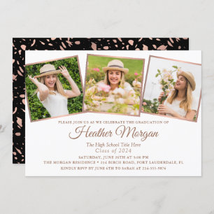 Invitation Rose moderne Gold Black 3 Photo Graduation Party