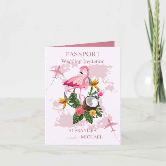 Invitation Rose moderne Gold Destination Passport Mariage Inv (Devant)