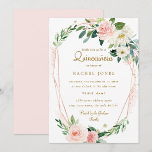 Invitation Rose moderne Gold Floral Wreath Quinceanera