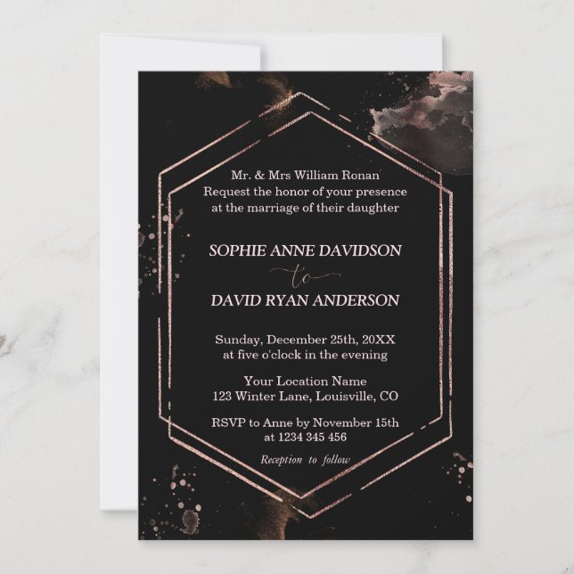 Invitation Rose moderne Gold Frame Black Mariage Forme (Devant)