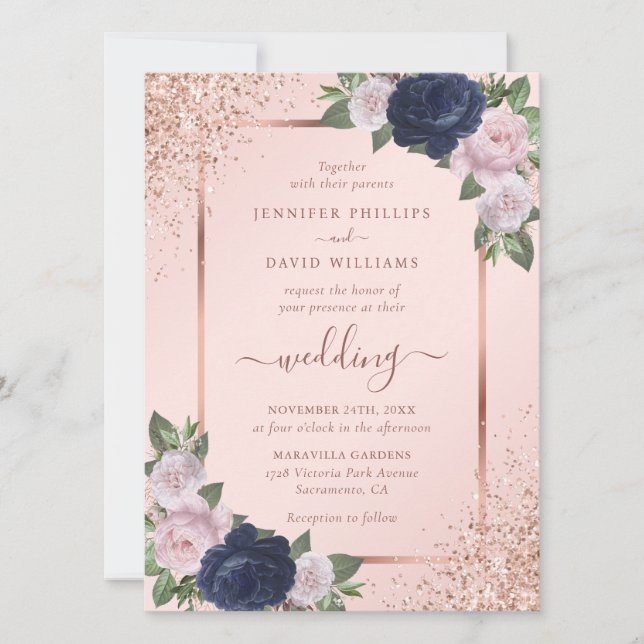 Invitation Rose moderne Gold Navy Blue Blush Floral Mariage (Devant)
