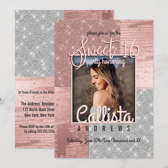 Invitation Rose moderne Gold Parties scintillant argent  phot (Devant / Derrière)