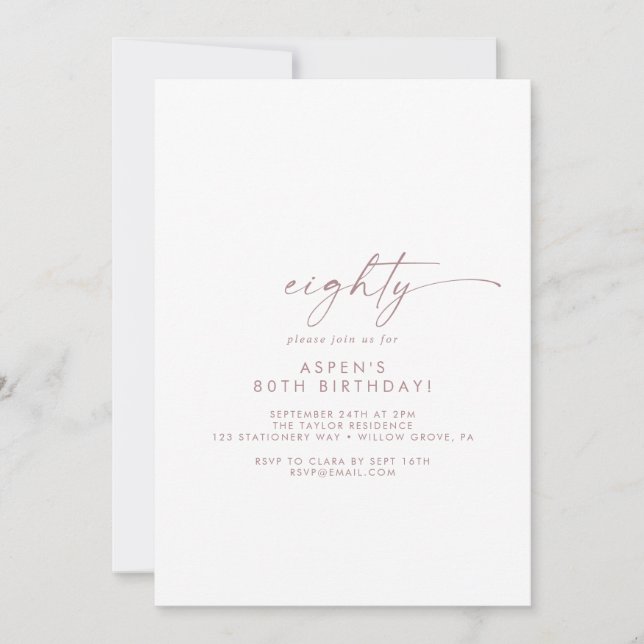 Invitation Rose moderne Gold Script 80e fête d'anniversaire (Devant)