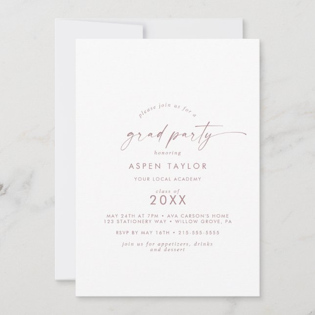 Invitation Rose moderne Gold Script Grad Party (Devant)