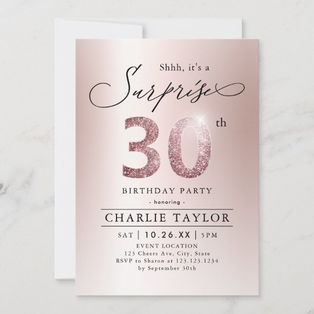Invitation Rose moderne or adulte surprise 30e anniversaire (Devant)