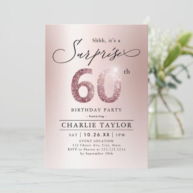 Invitation Rose moderne or adulte surprise 60e anniversaire (Debout devant)