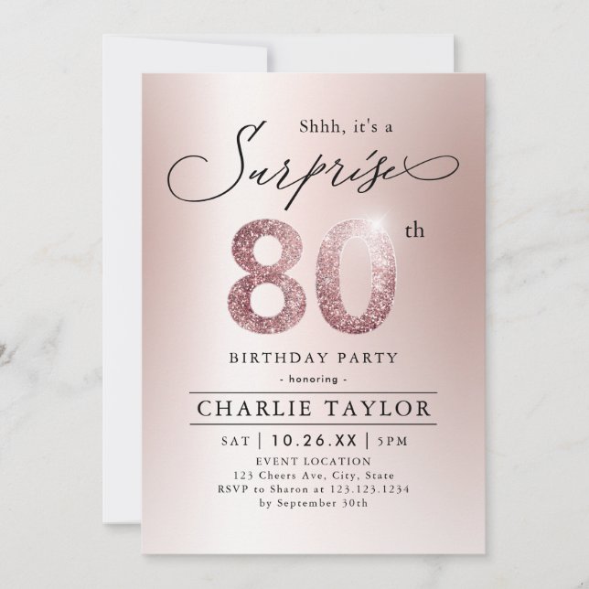 Invitation Rose moderne or adulte surprise 80e anniversaire (Devant)