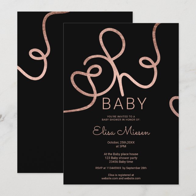 Invitation Rose moderne or noir calligraphie Oh baby shower (Devant / Derrière)