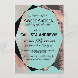 Invitation Rose moderne Or noir Turquoise Géométrique Sweet 1