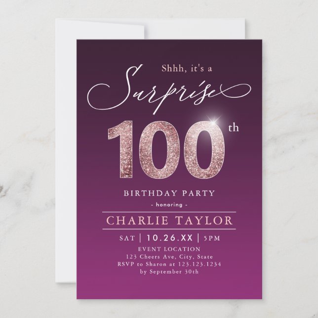 Invitation Rose moderne or violet surprise 100e anniversaire (Devant)