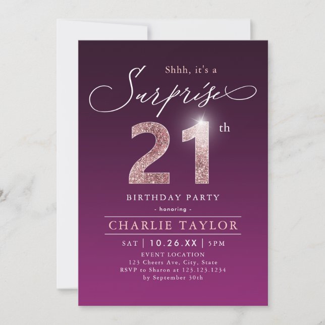 Invitation Rose moderne or violet surprise 21e anniversaire (Devant)