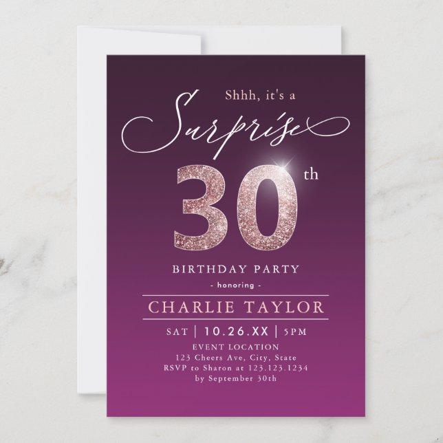Invitation Rose moderne or violet surprise 30e anniversaire (Devant)