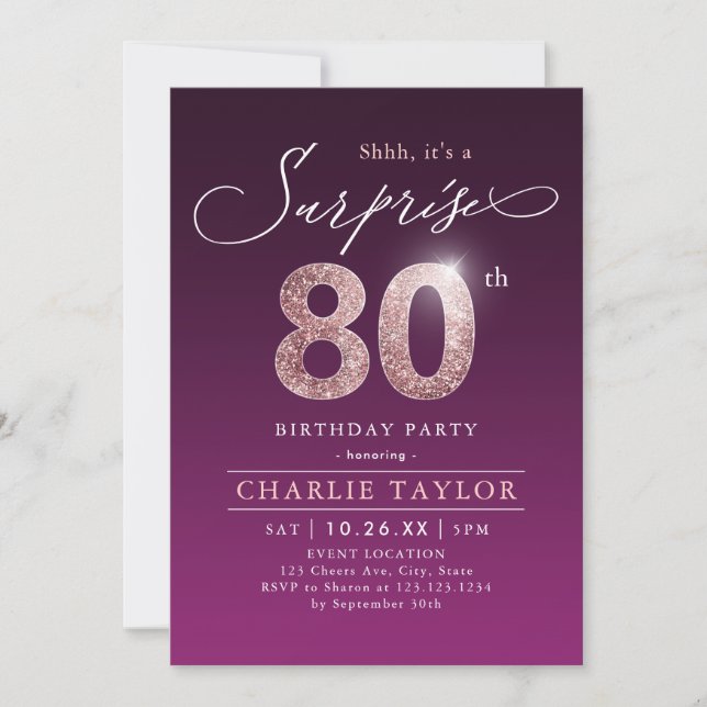 Invitation Rose moderne or violet surprise 80e anniversaire (Devant)