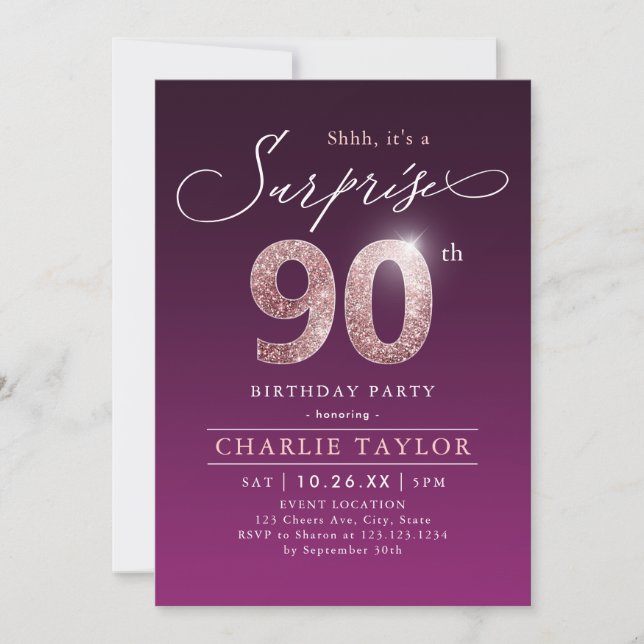 Invitation Rose moderne or violet surprise 90e anniversaire d (Devant)