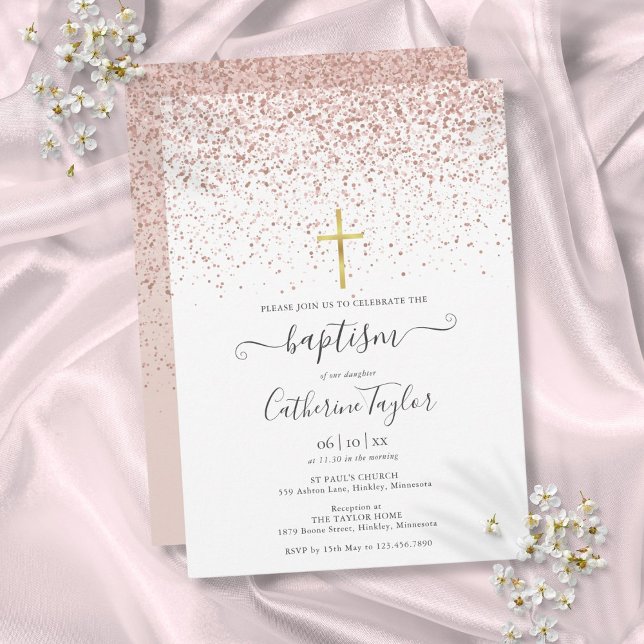 Invitation Rose moderne Parties scintillant or Baptême Christ (Modern Rose Gold Glitter Baptism Christening Invitation)