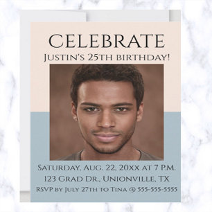 Invitation Rose modifiable et photo bleu mer Anniversaire