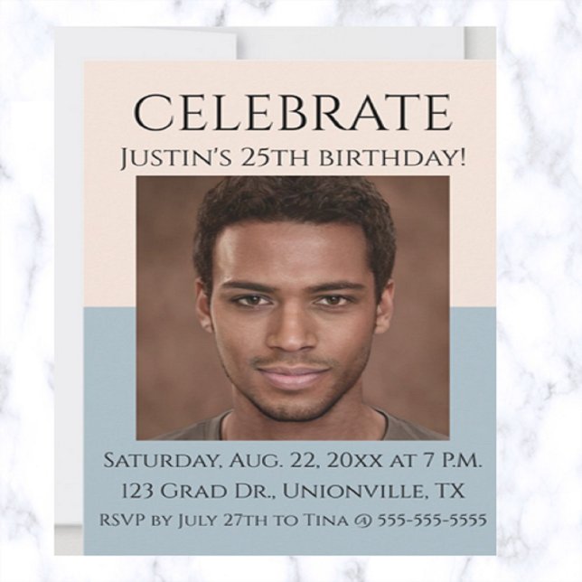 Invitation Rose modifiable et photo bleu mer Anniversaire (Créateur téléchargé)