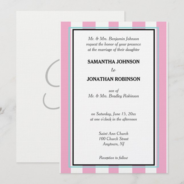 Invitation Rose Monogramme  Bleu Turquoise Blanc Rayures  (Devant / Derrière)