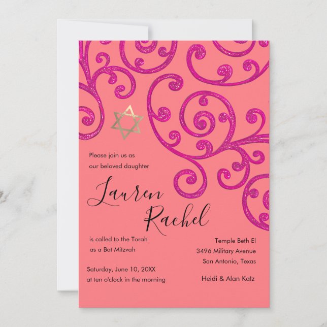 Invitation rose Motif bat mitzvah Scroll (Devant)