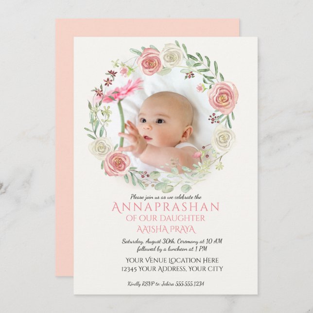 Invitation Rose n ivoire Roses Wreath Annaprashan Baby Girl (Devant / Derrière)