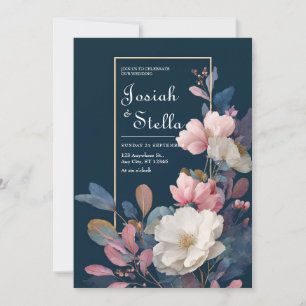 Invitation Rose Navy Rose Pâle Anémone Blanche Florale Mariag