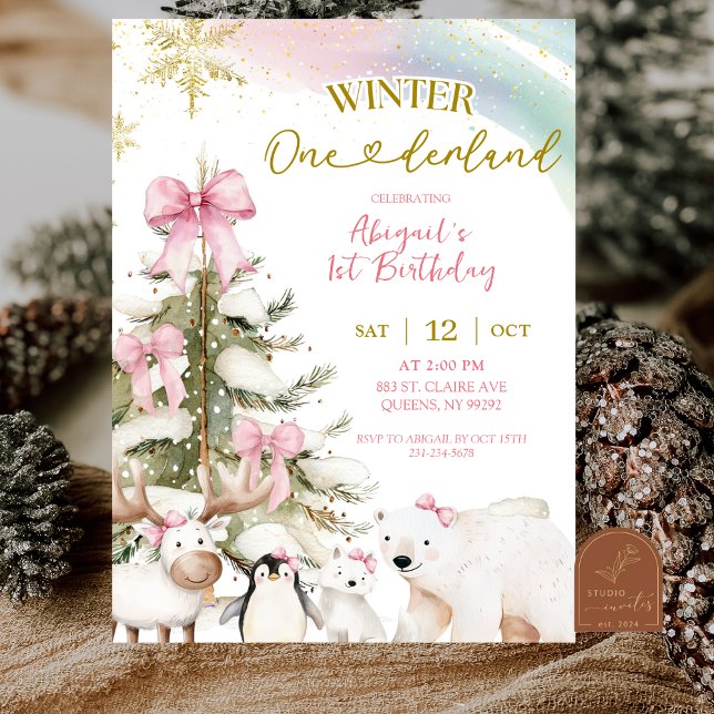 Invitation Rose neige hiver animal arctique premier anniversa (Créateur téléchargé)