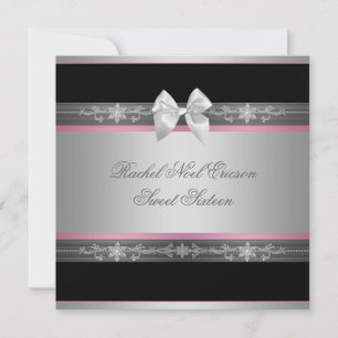 Invitation Rose Noir Argent Élégant Sweet Sixteen