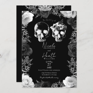 Invitation Rose noir blanc squelette crâne Mariage gothique