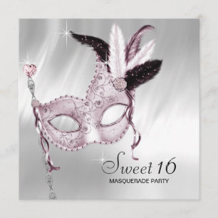 Invitation Rose noir blanc sucré 16 Masquerade Party