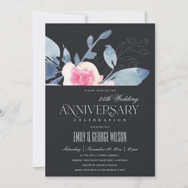Invitation ROSE NOIR BLEU FLORAL 25ème ANNIVERSAIRE TOUTE ANN (Devant)