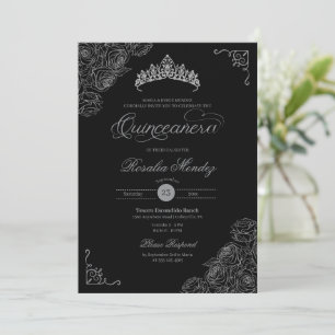 Invitation Rose noir et argent élégant Quinceañera