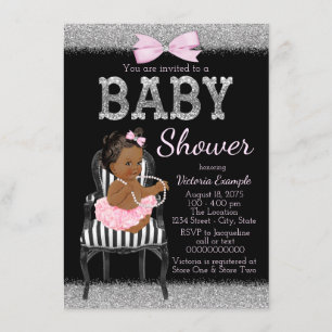Invitation Rose Noir et Argent Fille Ethnique Baby Shower